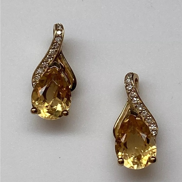 10K Yellow Gold Natural Citrine and 0.10ct Diamond Pave Stud Earrings New - Picture 10 of 12